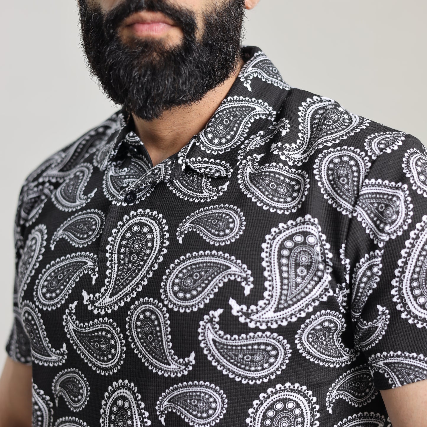ZRA Waffle Textured Polo Shirt - Bandana Print Black