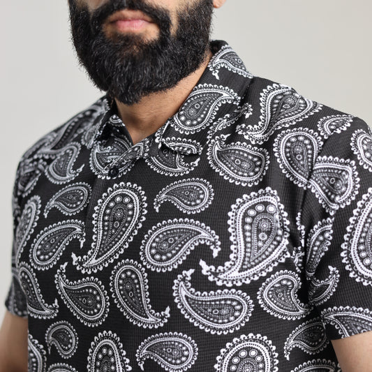 ZRA Waffle Textured Polo Shirt - Bandana Print Black