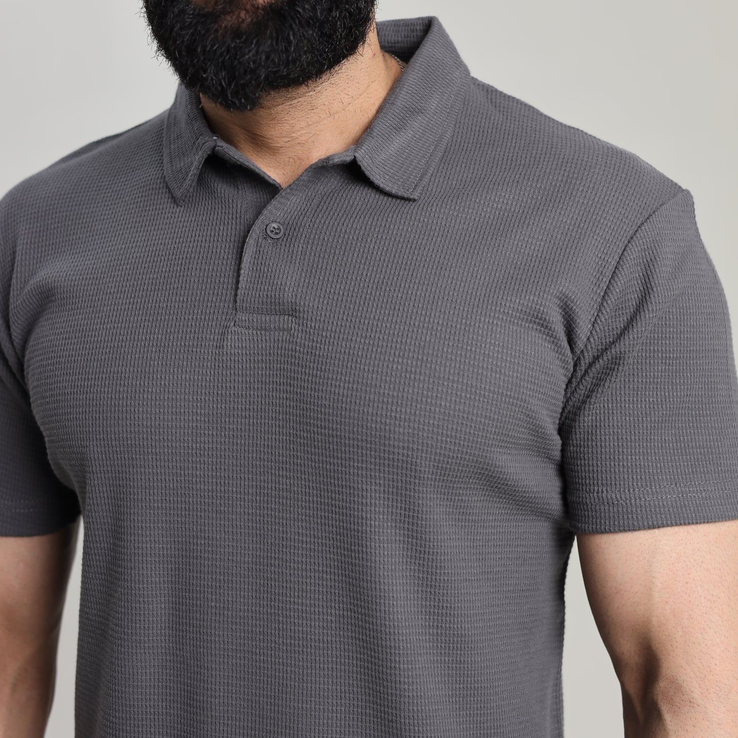 Waffle Textured Polo Shirt - Grey