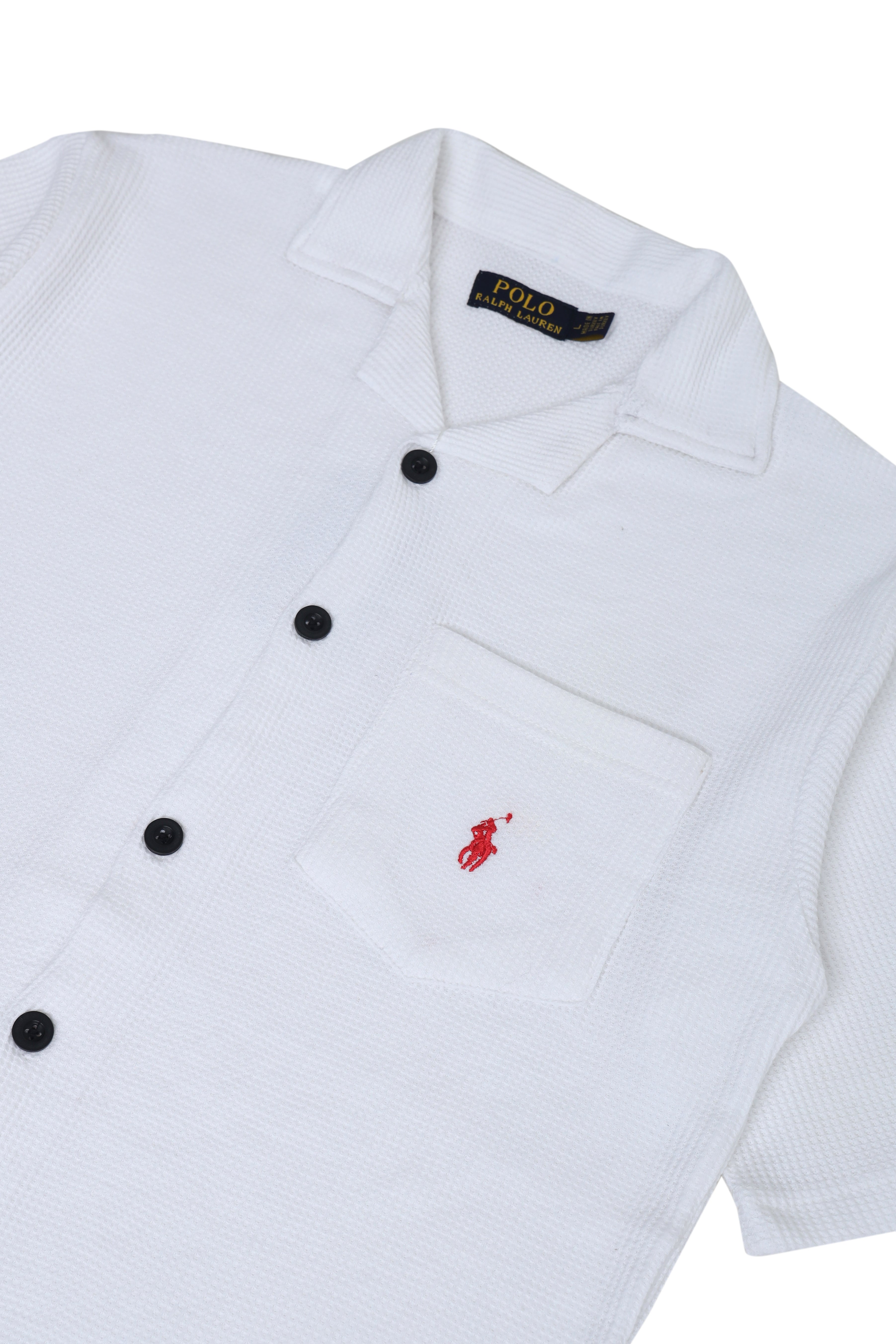 Men’s R-L Cuban Collar Shirt – Waffle Textured - White