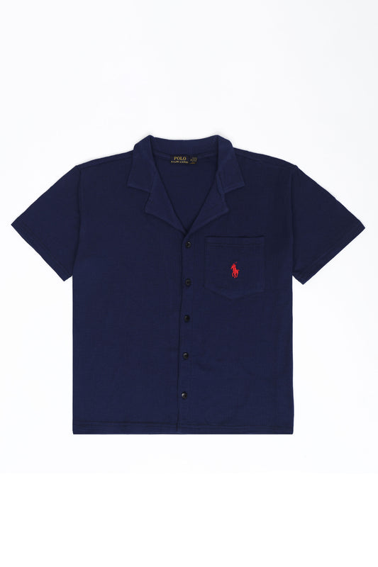Men’s R-L Oversized Cuban Collar Shirt – Waffle Texture - Navy