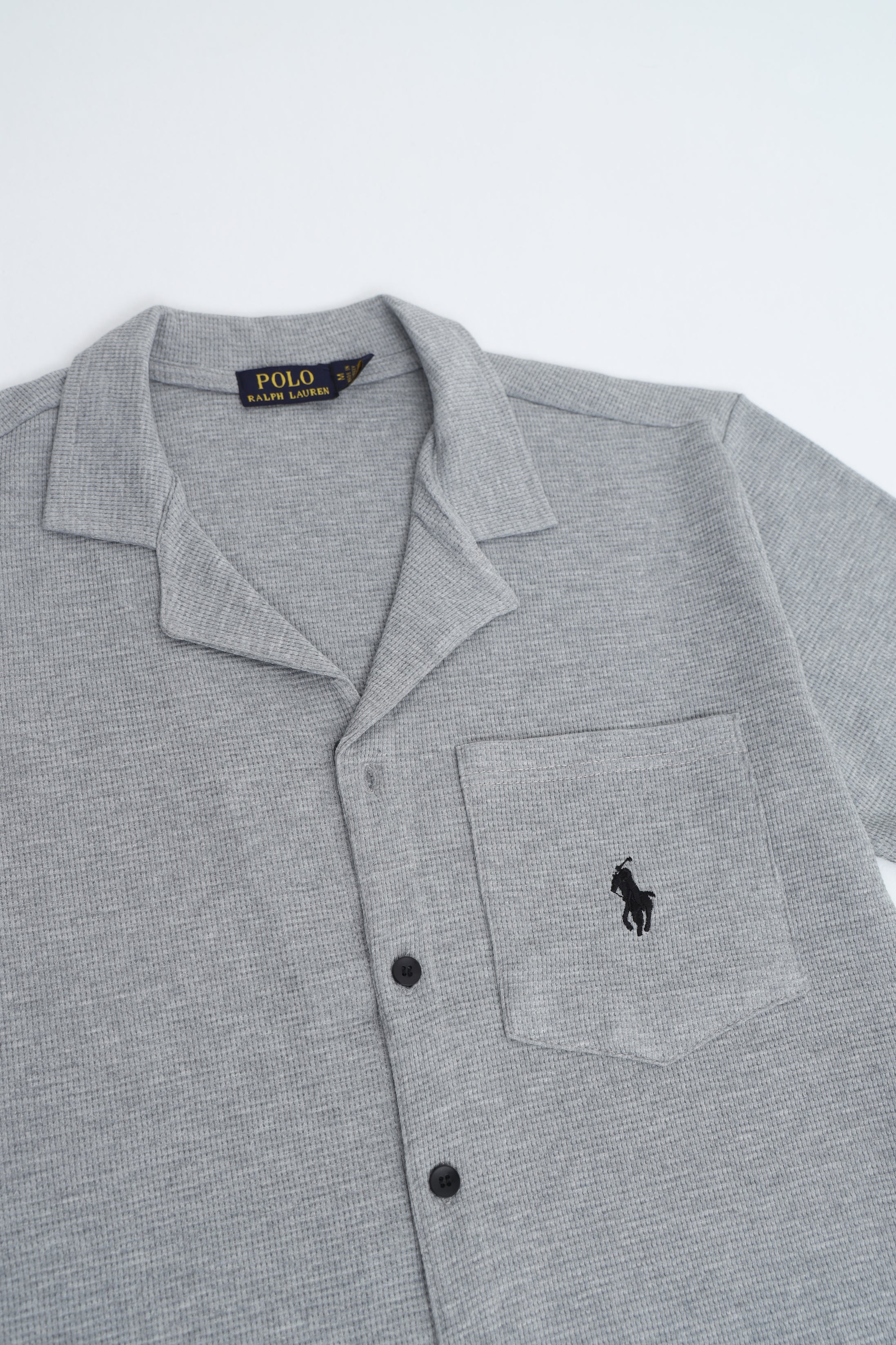 Men’s R-L Oversized Cuban Collar Shirt – Waffle Texture - Heather Grey