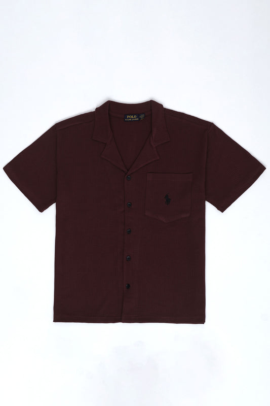 Men’s R-L Oversized Cuban Collar Shirt – Waffle Texture - Maroon