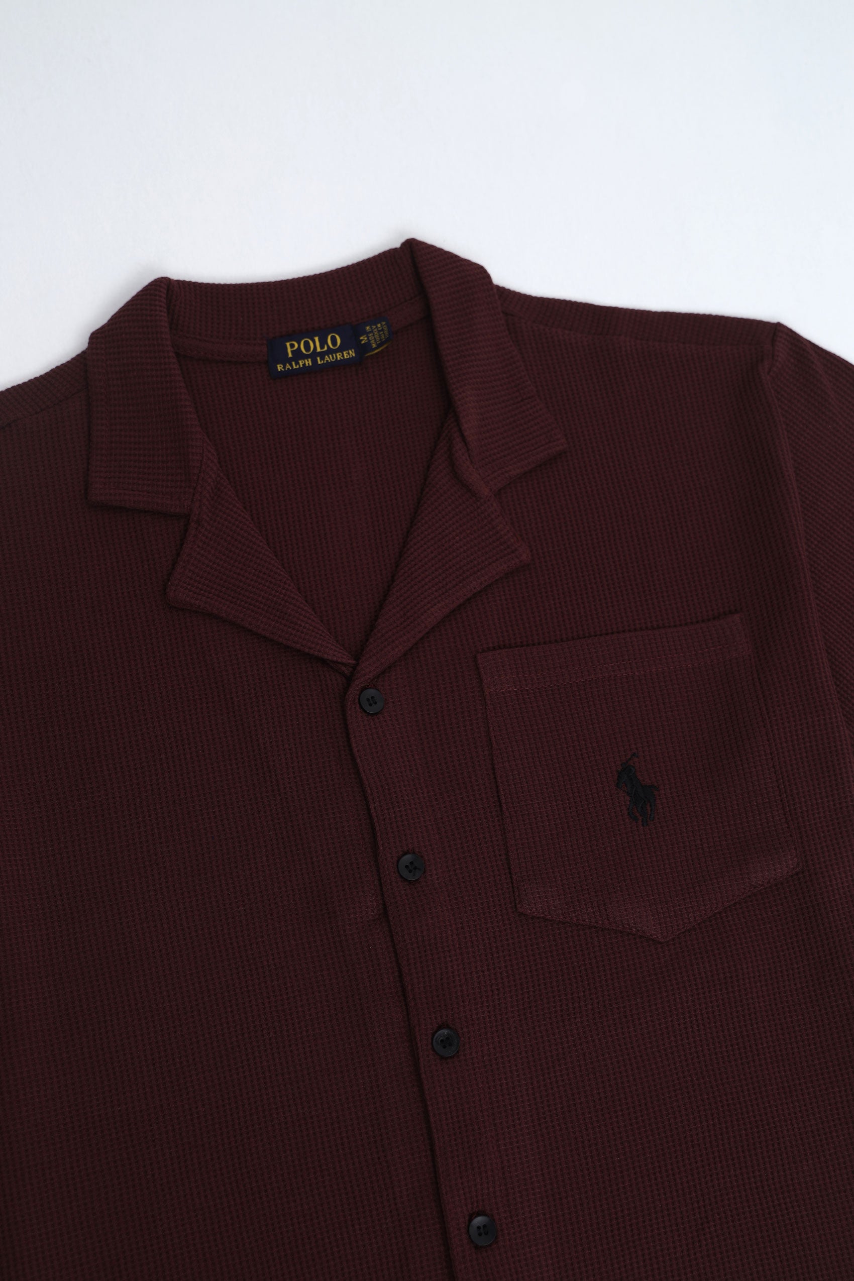 Men’s R-L Oversized Cuban Collar Shirt – Waffle Texture - Maroon