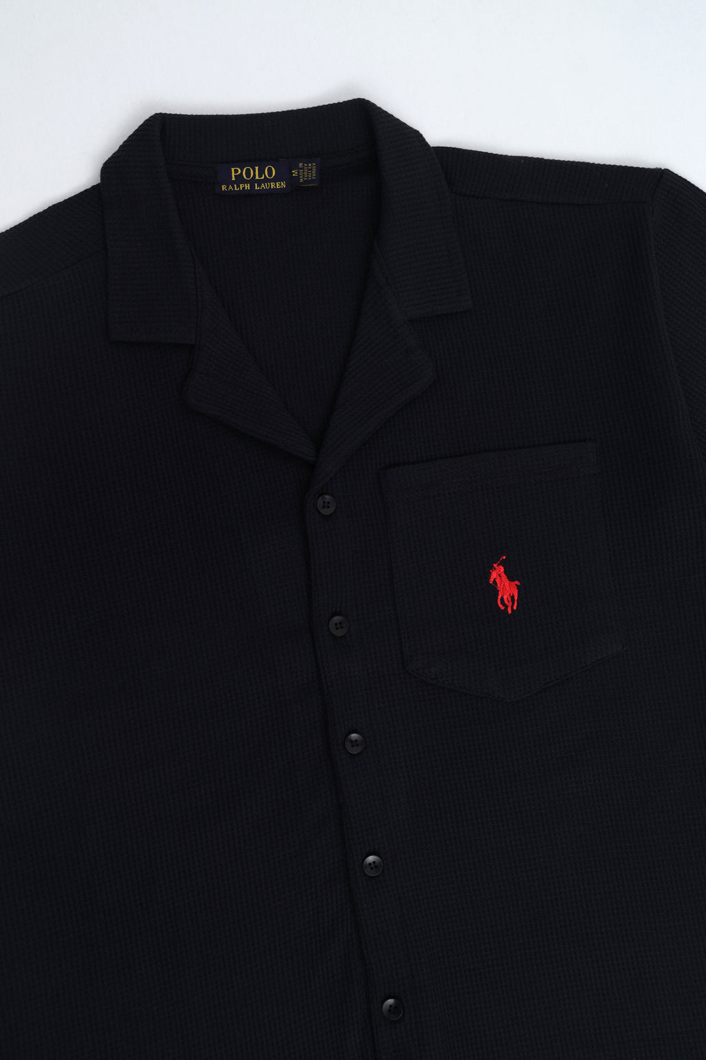 Men’s R-L Oversized Cuban Collar Shirt – Waffle Texture - Black