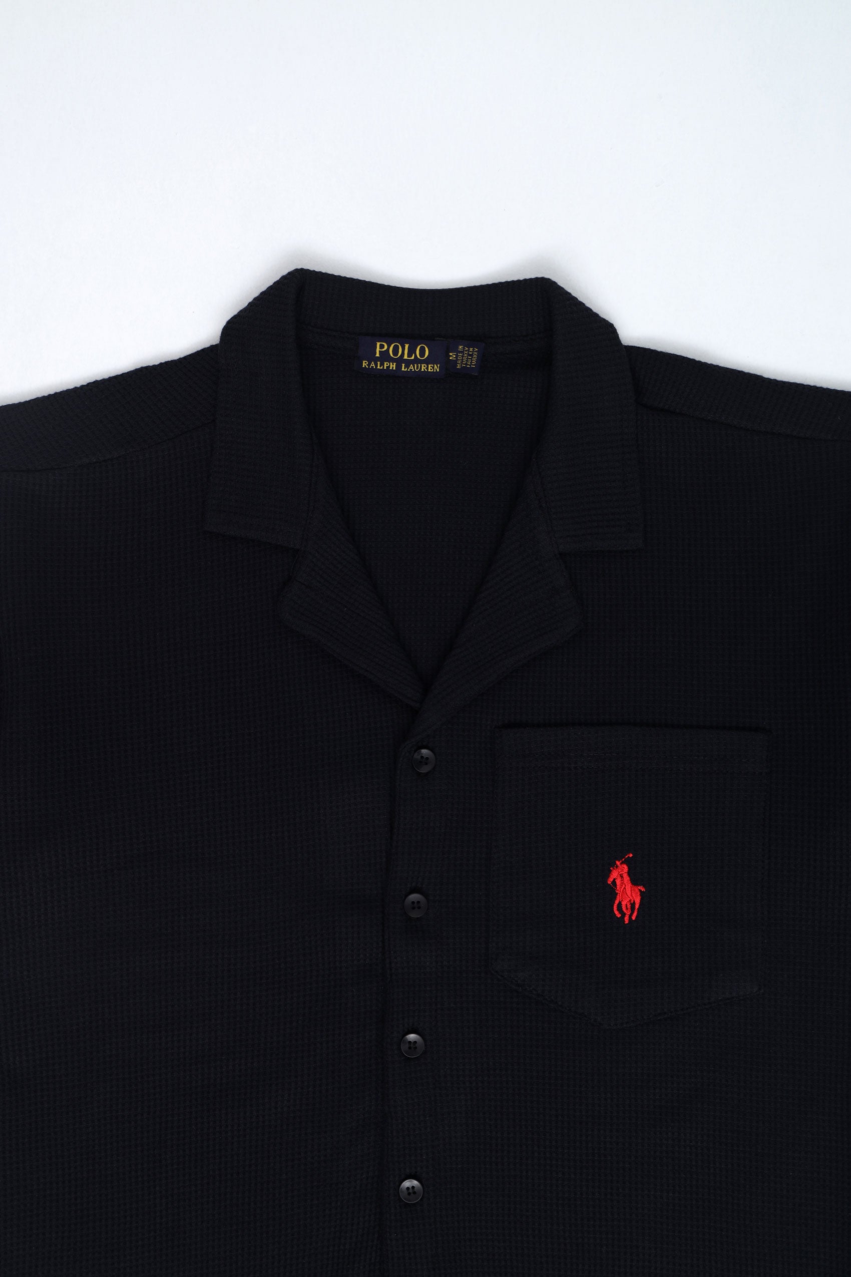 Men’s R-L Oversized Cuban Collar Shirt – Waffle Texture - Black