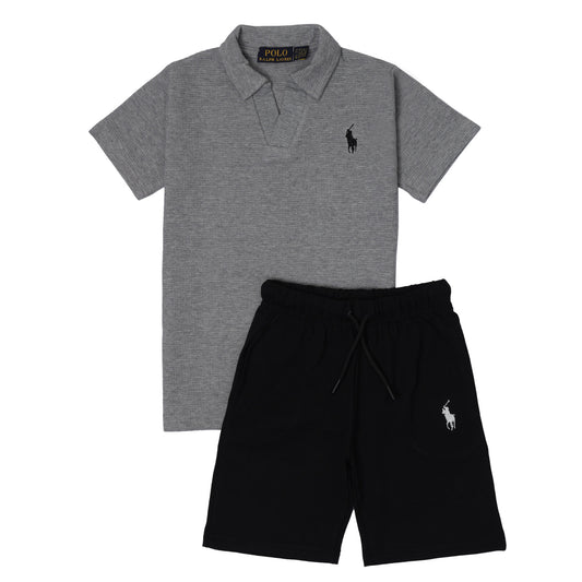 RL - Kids Twinset Waffle Textured - Grey&Black