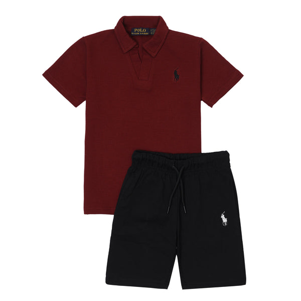 RL Kids Twinset Waffle Textured - Maroon&Black