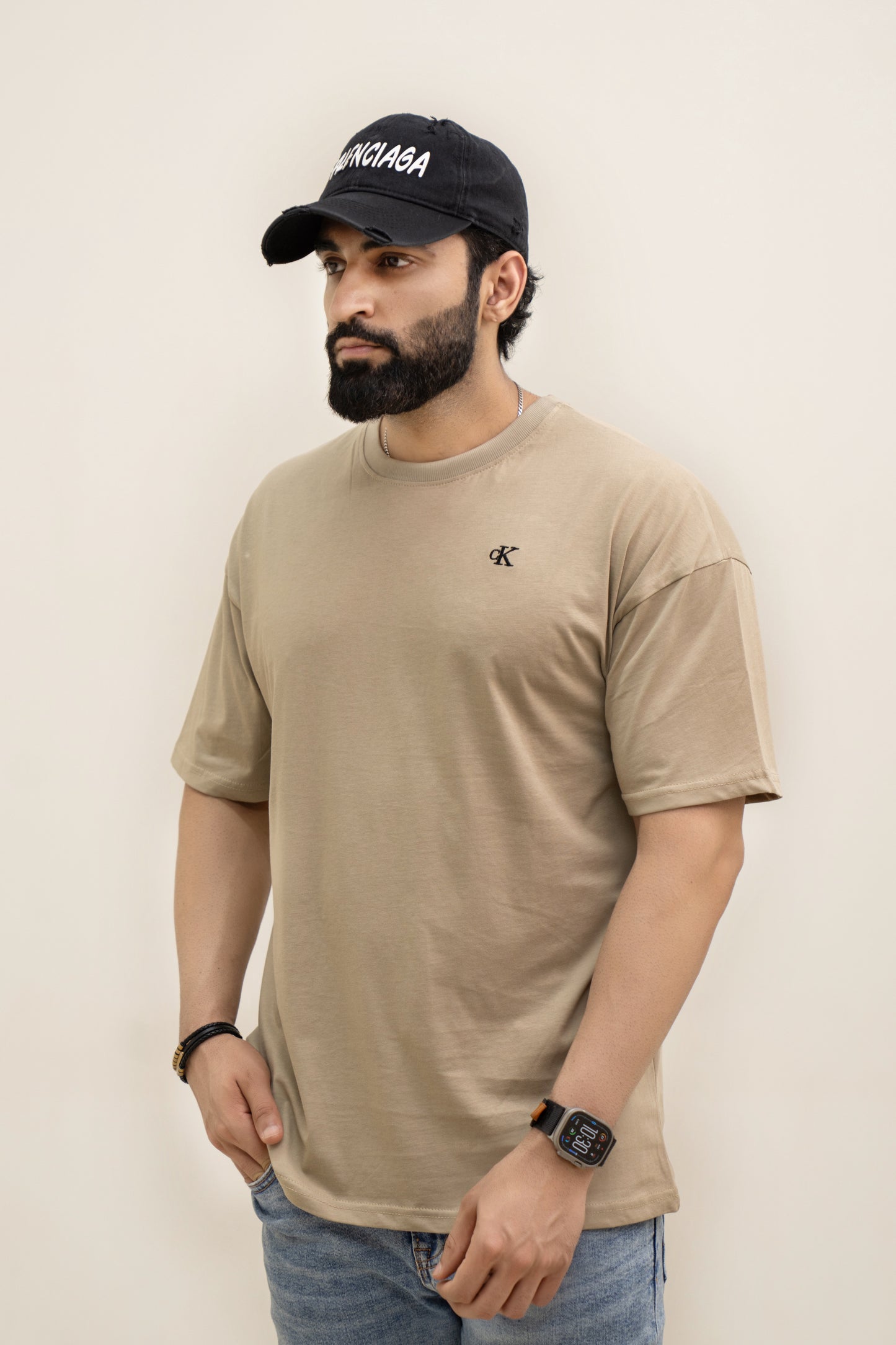 CK Drop Shoulder T-Shirt Embroidery - Beige