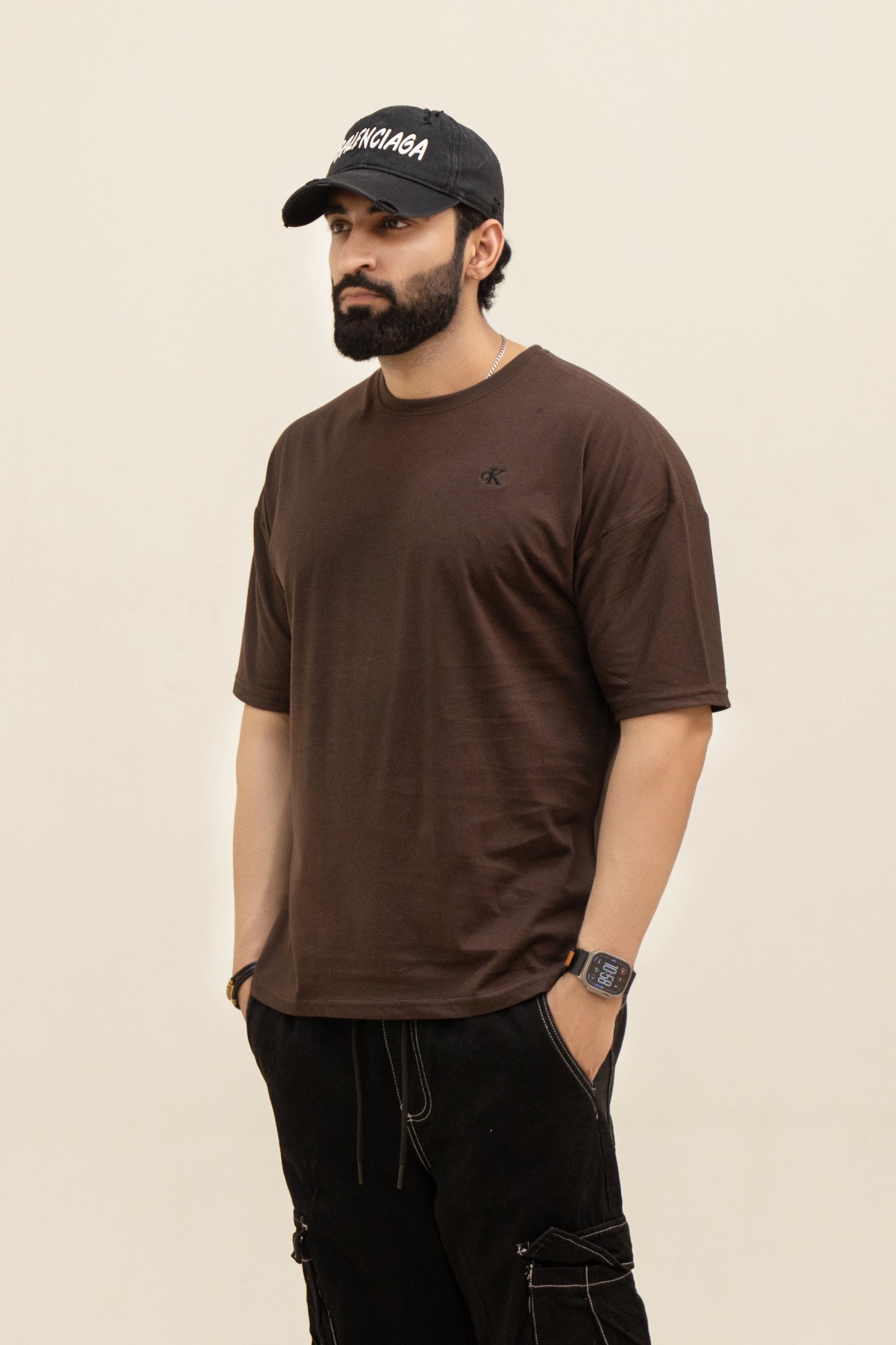 CK Drop Shoulder T-Shirt Embroidery - Brown