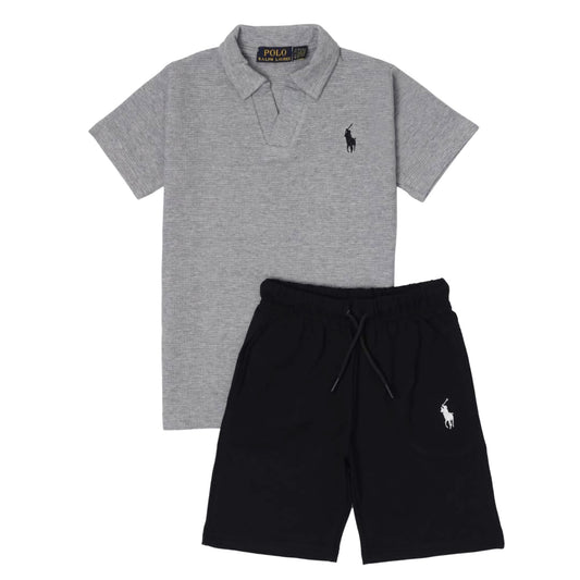 RL - Kids Twinset Waffle Textured - Grey&Black