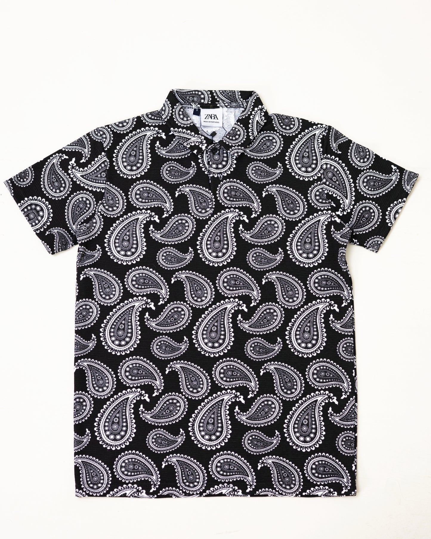 Waffle Textured Polo Shirt - Bandana Print Black