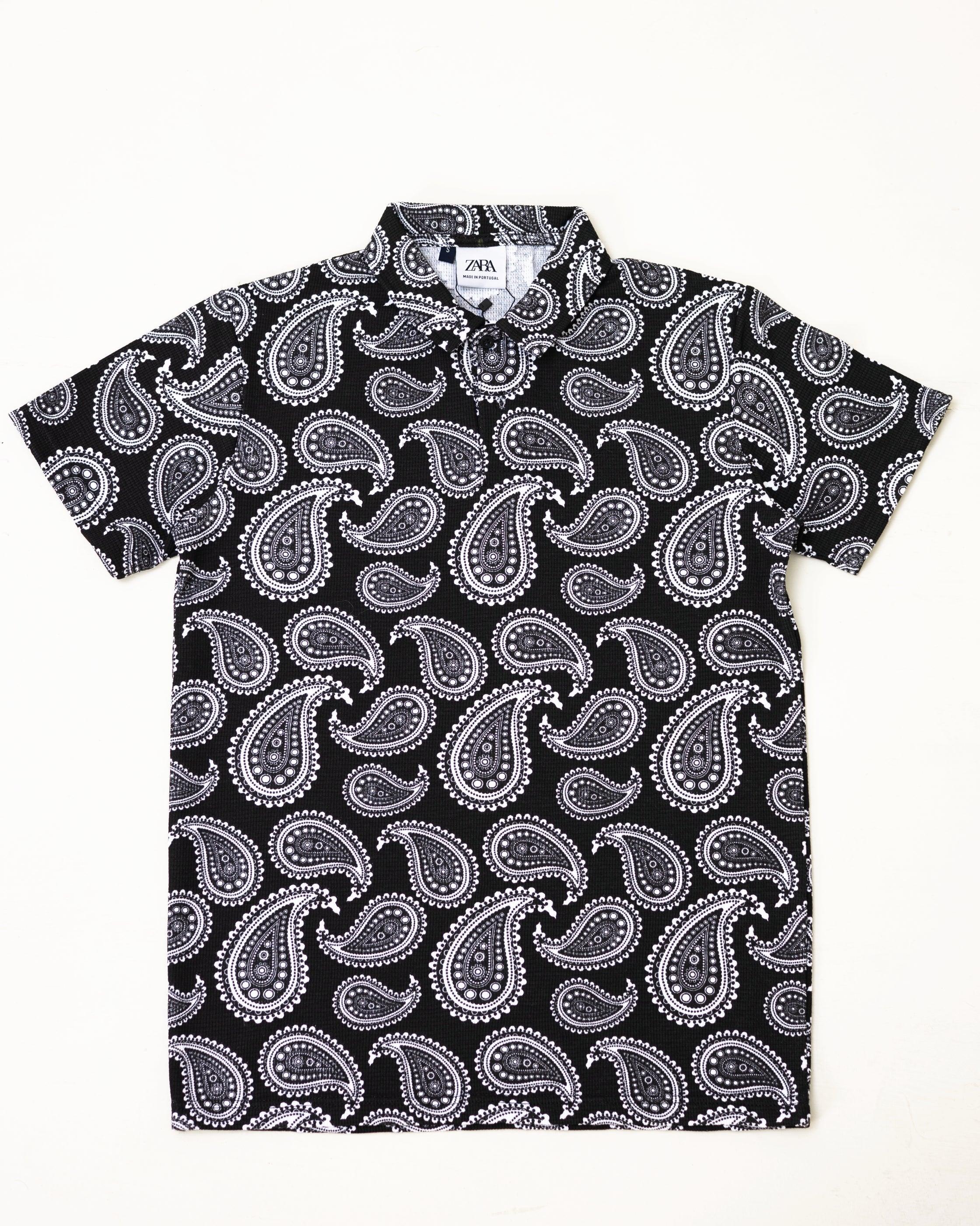 ZRA Waffle Textured Polo Shirt - Bandana Print Black