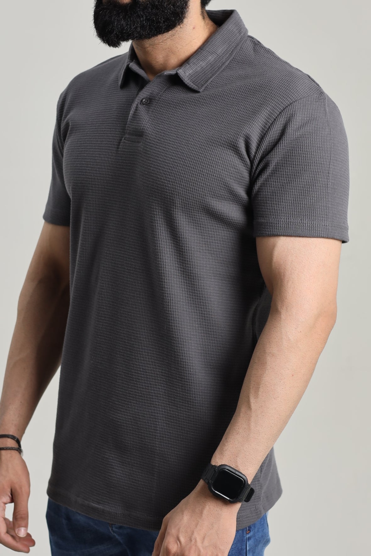 Waffle Textured Polo Shirt - Grey