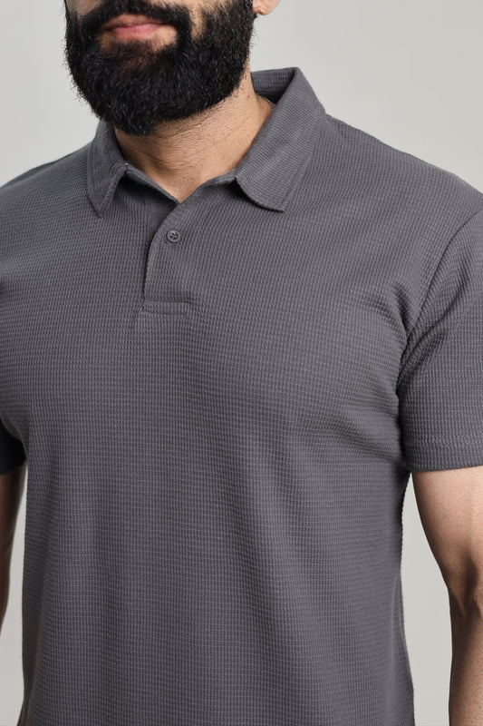 Waffle Textured Polo Shirt - Grey