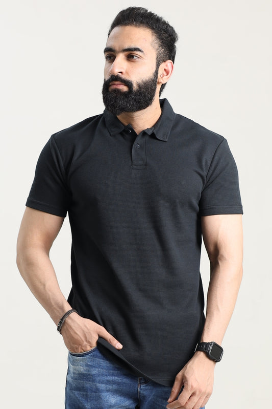 Waffle Textured Polo Shirt - Black