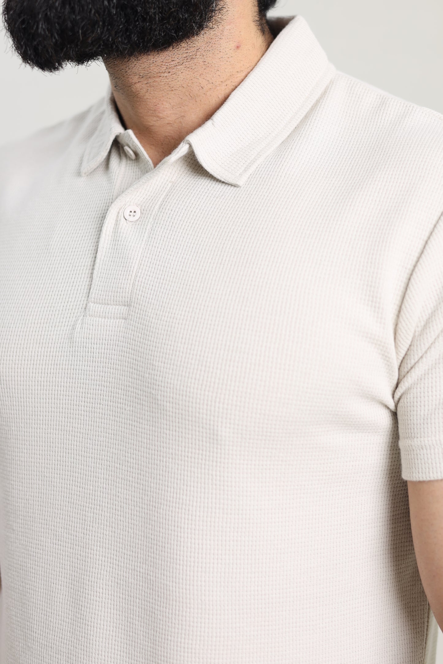 Waffle Textured Polo Shirt - Off-White