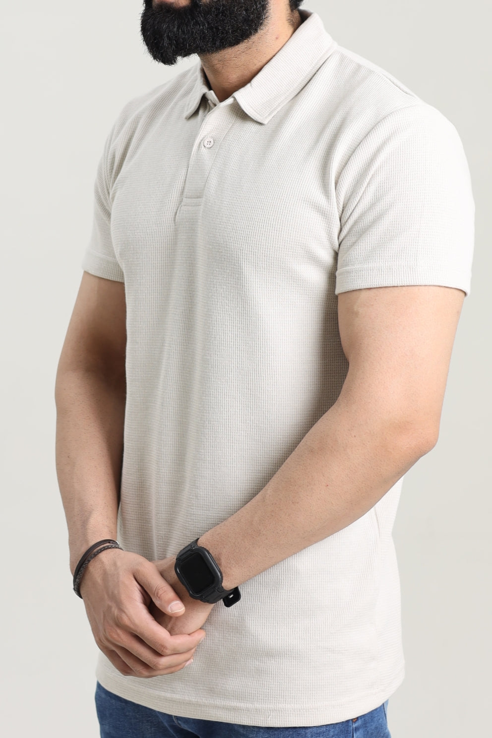 Waffle Textured Polo Shirt - Off-White