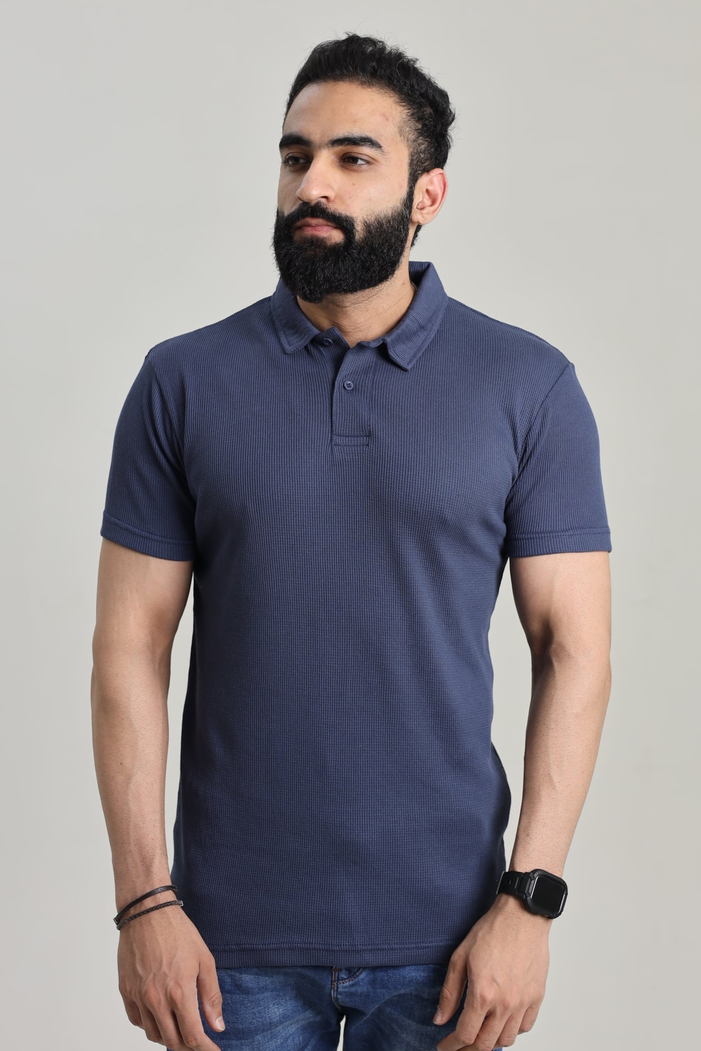 Waffle Textured Polo Shirt - Navy