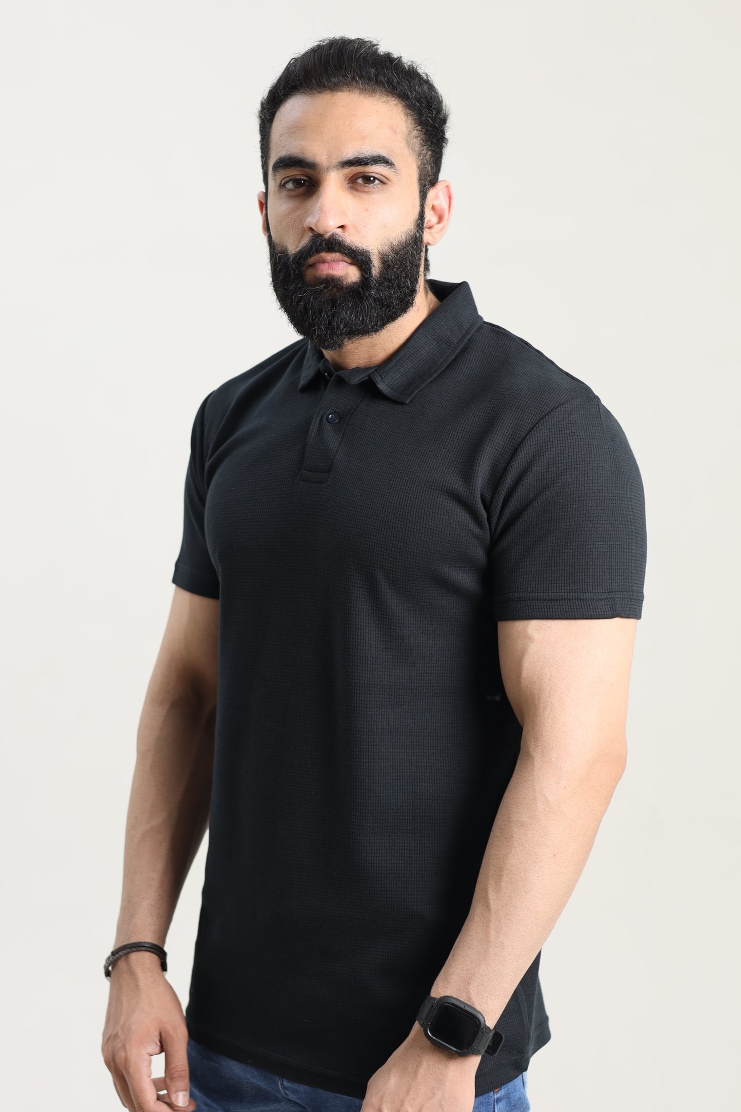 Waffle Textured Polo Shirt - Black