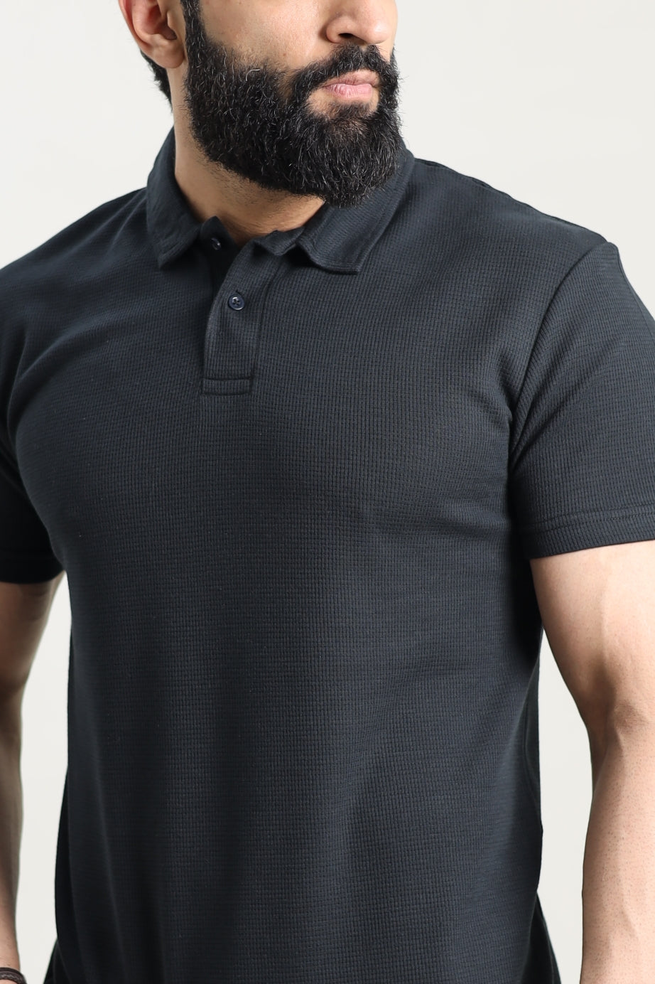 Waffle Textured Polo Shirt - Black