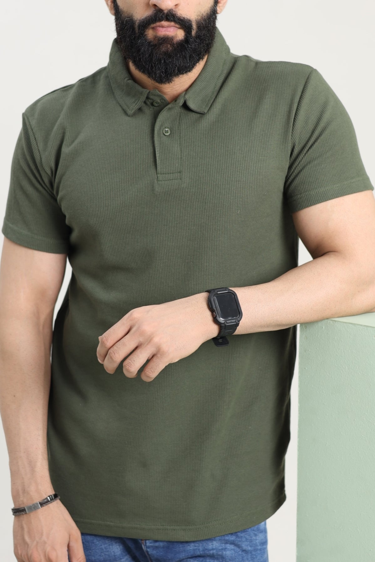 Waffle Textured Polo Shirt - Olive Green