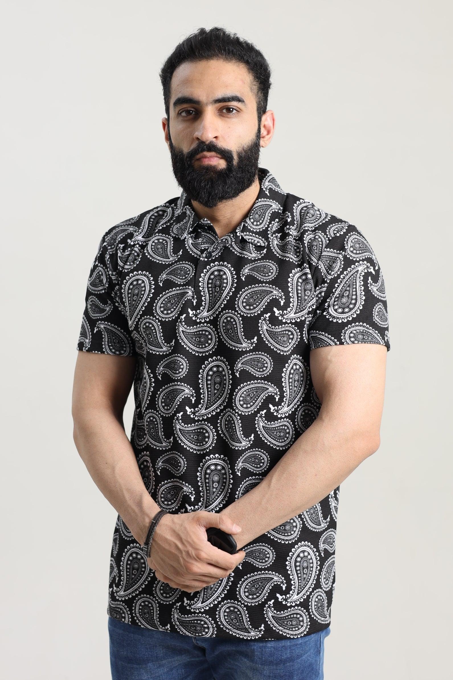 ZRA Waffle Textured Polo Shirt - Bandana Print Black