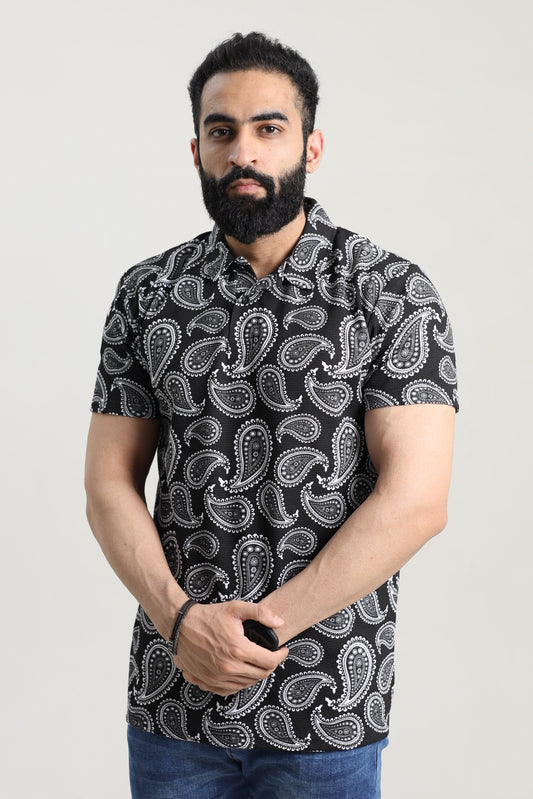 Waffle Textured Polo Shirt - Bandana Print Black