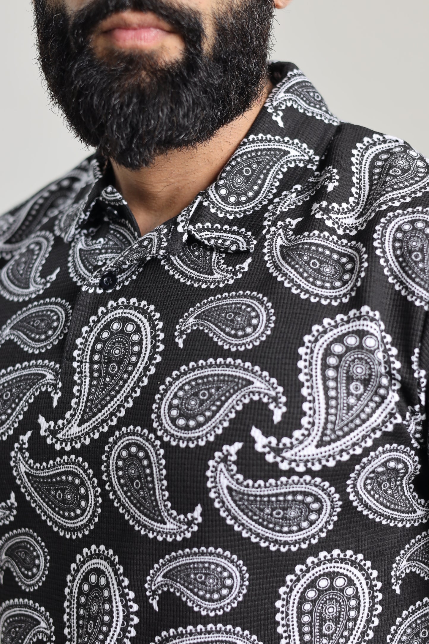 Waffle Textured Polo Shirt - Bandana Print Black