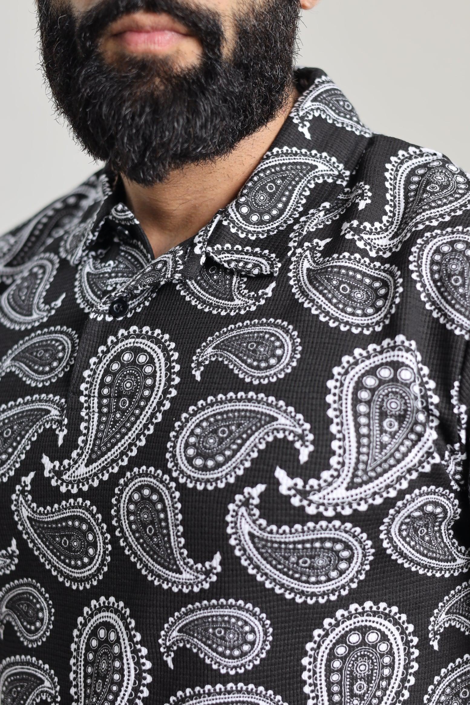 ZRA Waffle Textured Polo Shirt - Bandana Print Black