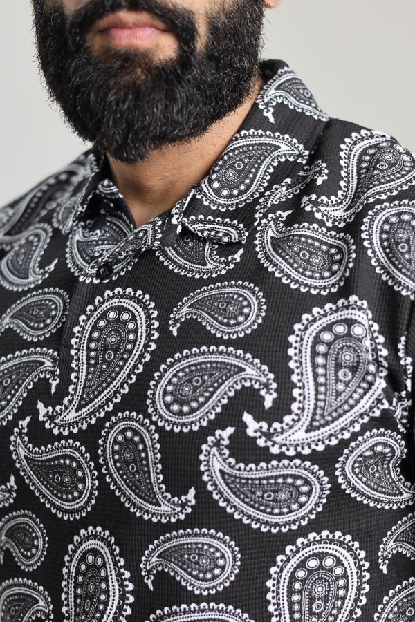 ZRA Waffle Textured Polo Shirt - Bandana Print Black