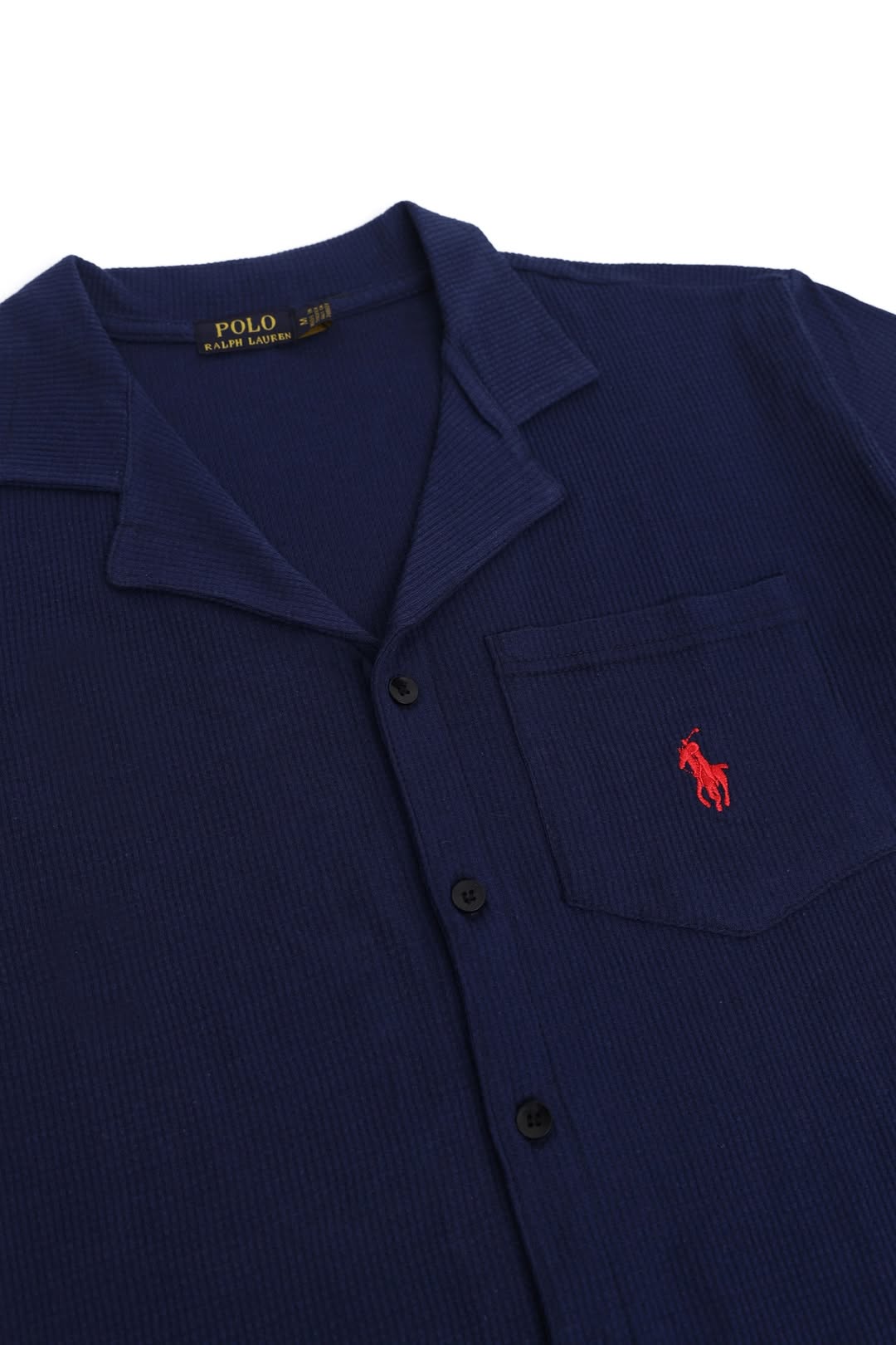 Men’s R-L Oversized Cuban Collar Shirt – Waffle Texture - Navy